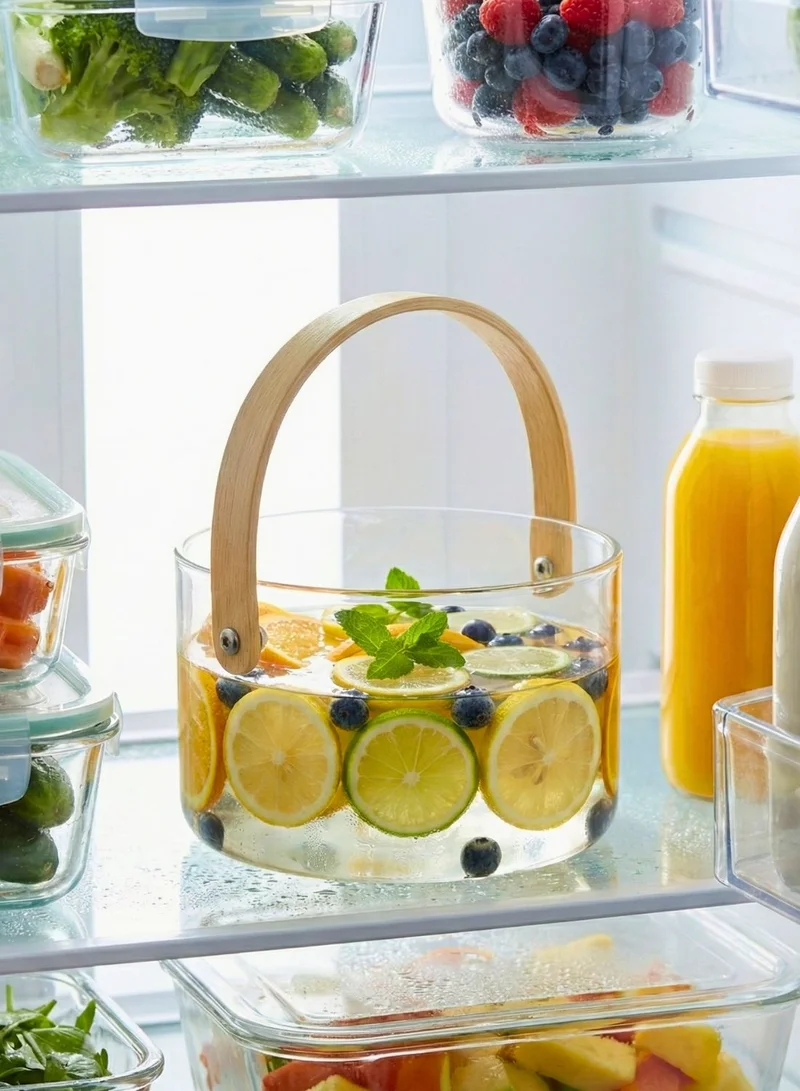 1Chase Borosilicate Glass Fruit Bowl with Wooden Handle, 2500ml – Multipurpose Serving & Storage Bowl for Fruits, Snacks and Table Décor